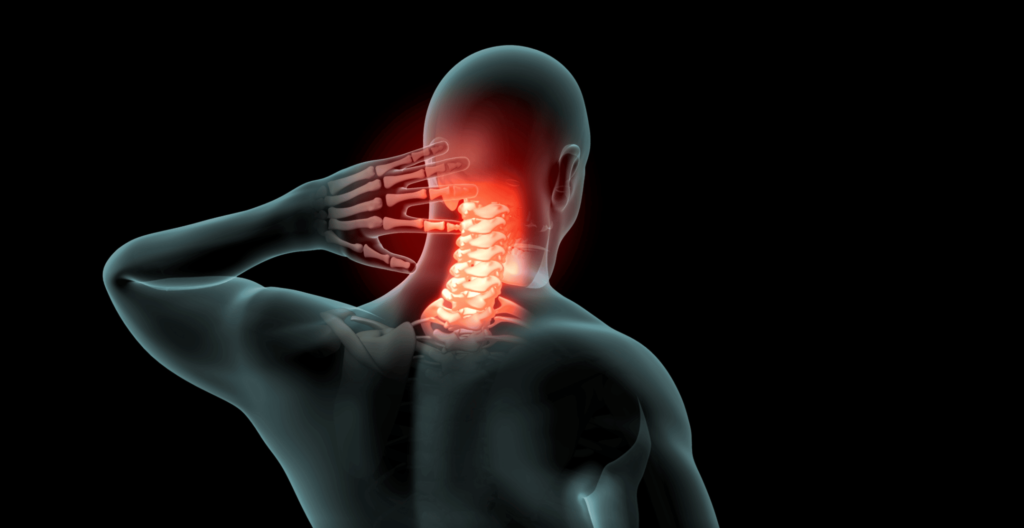 Holographic image of person with neck pain. The person is holding their neck with their right hand. The pain is displayed as red and intense.