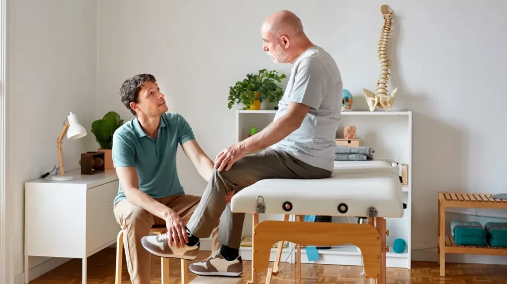 older man siting on the edge of a treatment table. male chiropractor looking at the older man while holding and assessing his knee. there are in a clean traetnet room that has a model of a spine and skull , folded towels and other equipment on a white shelf behind them. Knee pain treatment