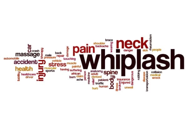 infograhic of the effects of whiplash. Large word with angled words around of the symptoms from neck injury
