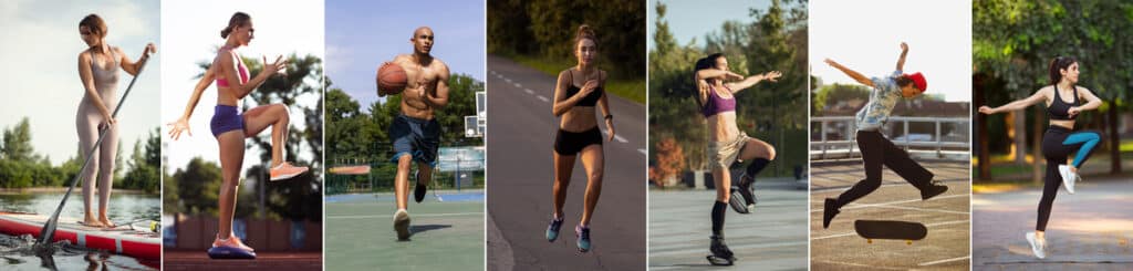 a collage of athletes training or playing their sport, both male and female. playing different sports. there is paddle boarding, running, basketball, skateboarding, and some doing balance training drills