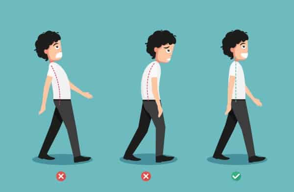 Wrong and correct walking posture, illustration, vector art. correct posture takes stress off back.