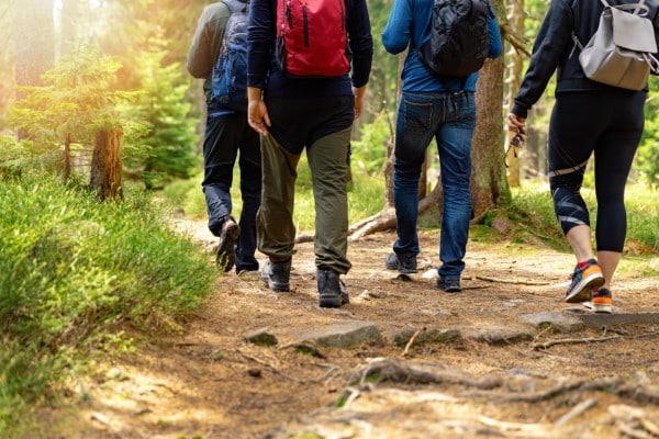 group of friends walking in forest across uneven ground with backpacks