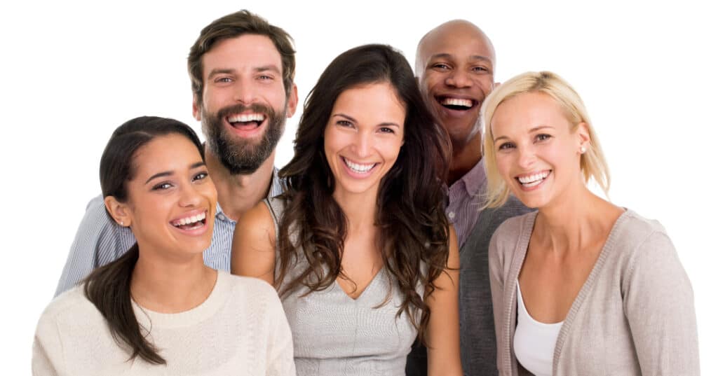 Family picture of two men and three ladies. Everyone is wearing a grey T shirt in their middle age.