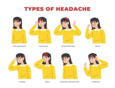 Diagram with types of neck pain and headaches pictured as lady holding head. Headaches are treated with chiropractic and osteopath section.