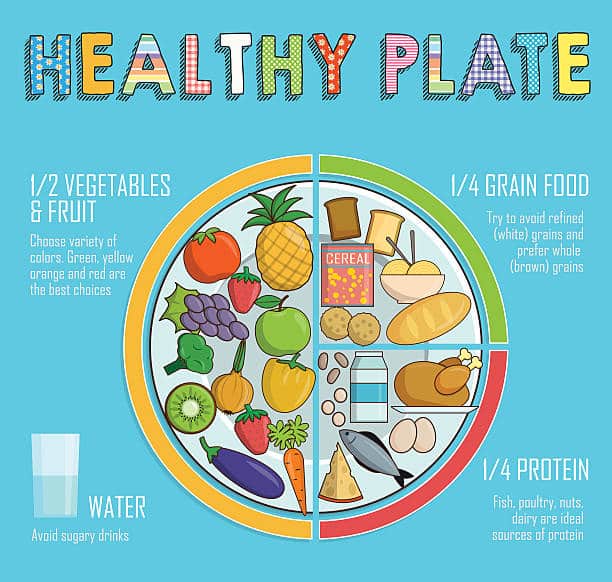 Drawing of healthy food and nutrition selections. Food is drawn out on a plate in appropriate servings.