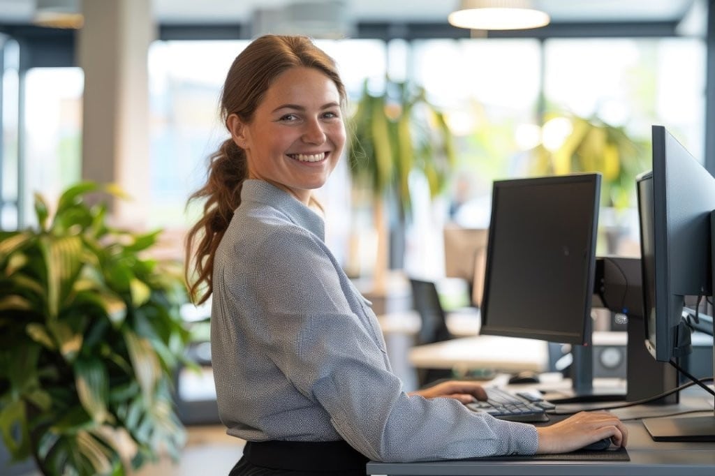Lady standing at desk smiling after having osteo treatment. She is returning to work wearing a shirt and skirt.