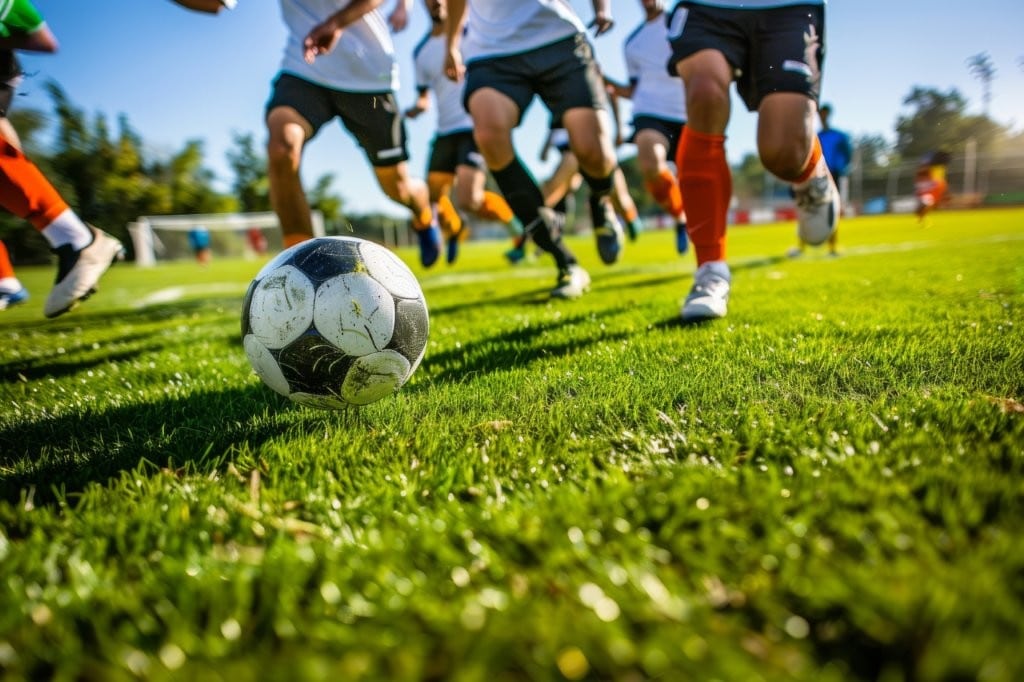 A group of diverse soccer players dribble and pass the ball on a sunny day, the ball resting on the green grass in the foreground