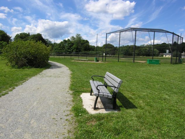 A park bench is next to a dirt running track. The bench is surrounded by green grass and in the background is a baseball field netting.